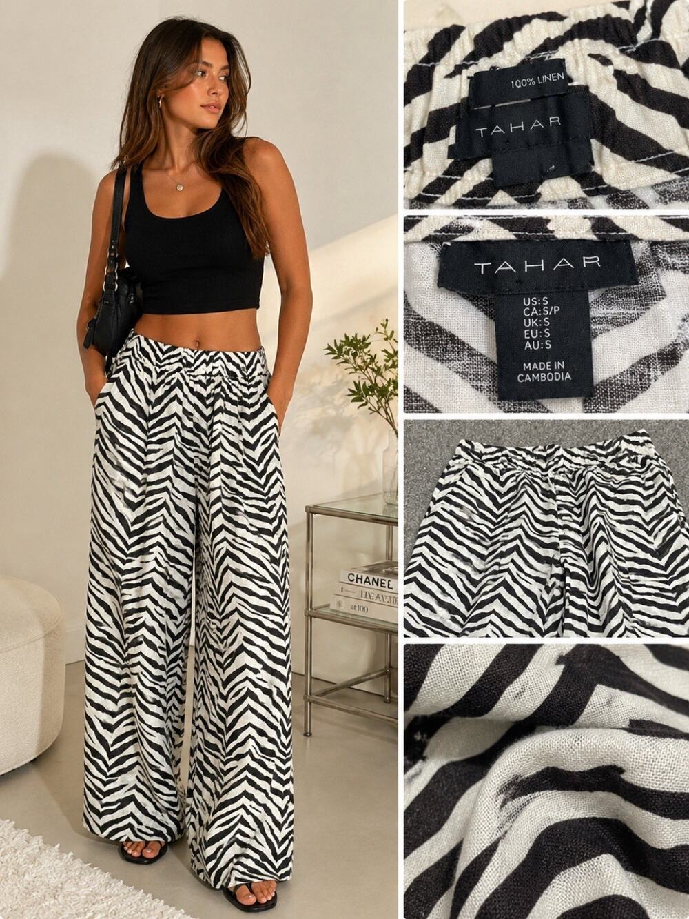 Bohemian Beachy Coastal Tahari Wide Leg Linen Pants Size S Zebra Animal Print